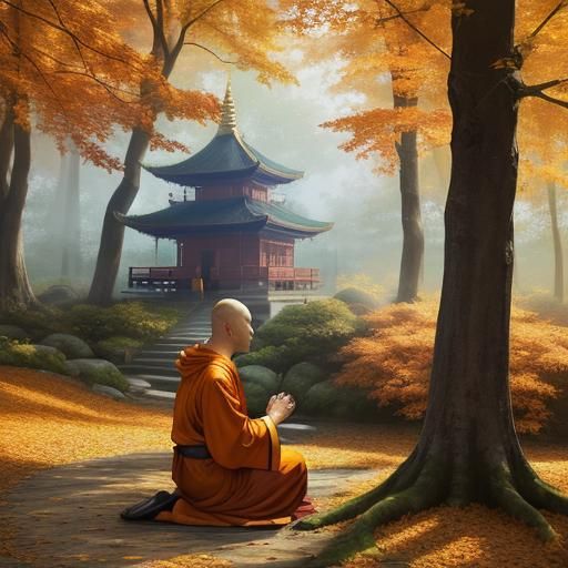 Monk Praying in Forest: Triadic Color Oil Painting