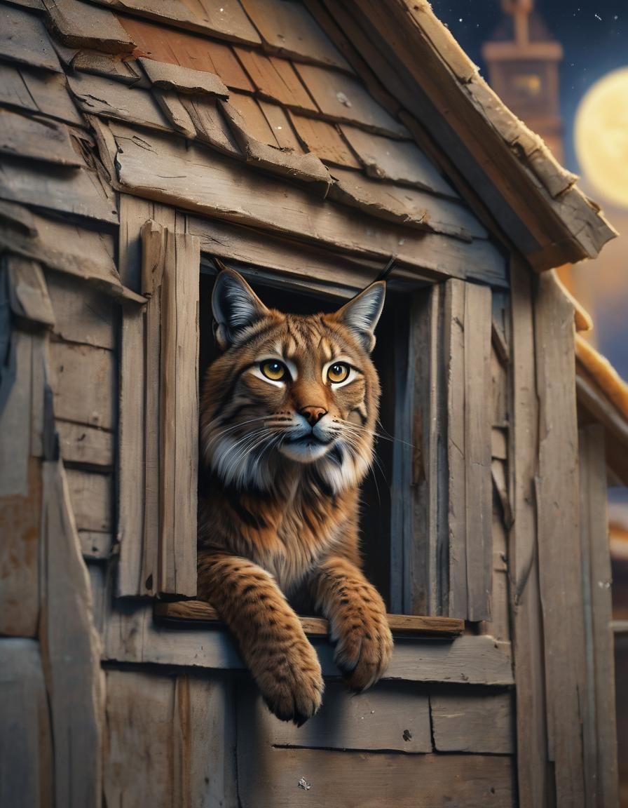 Whimsical Portrait of a Lynx in Moonlit Attic