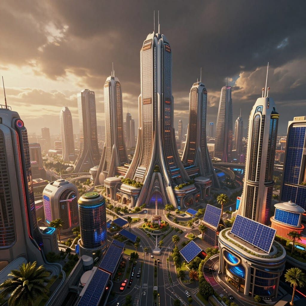 Solarpunk Cityscape at Golden Hour