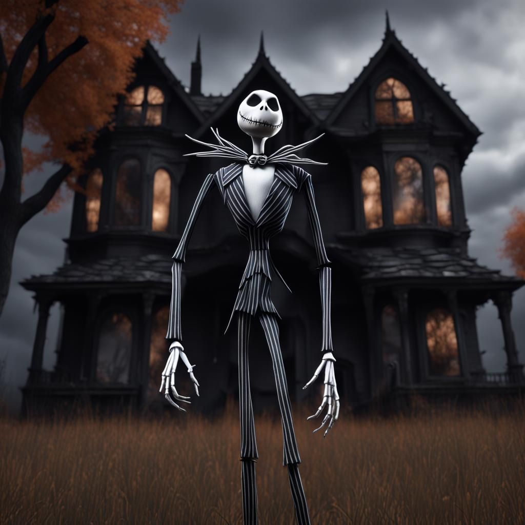 Hyperrealistic Jack Skellington in Front of Scary House