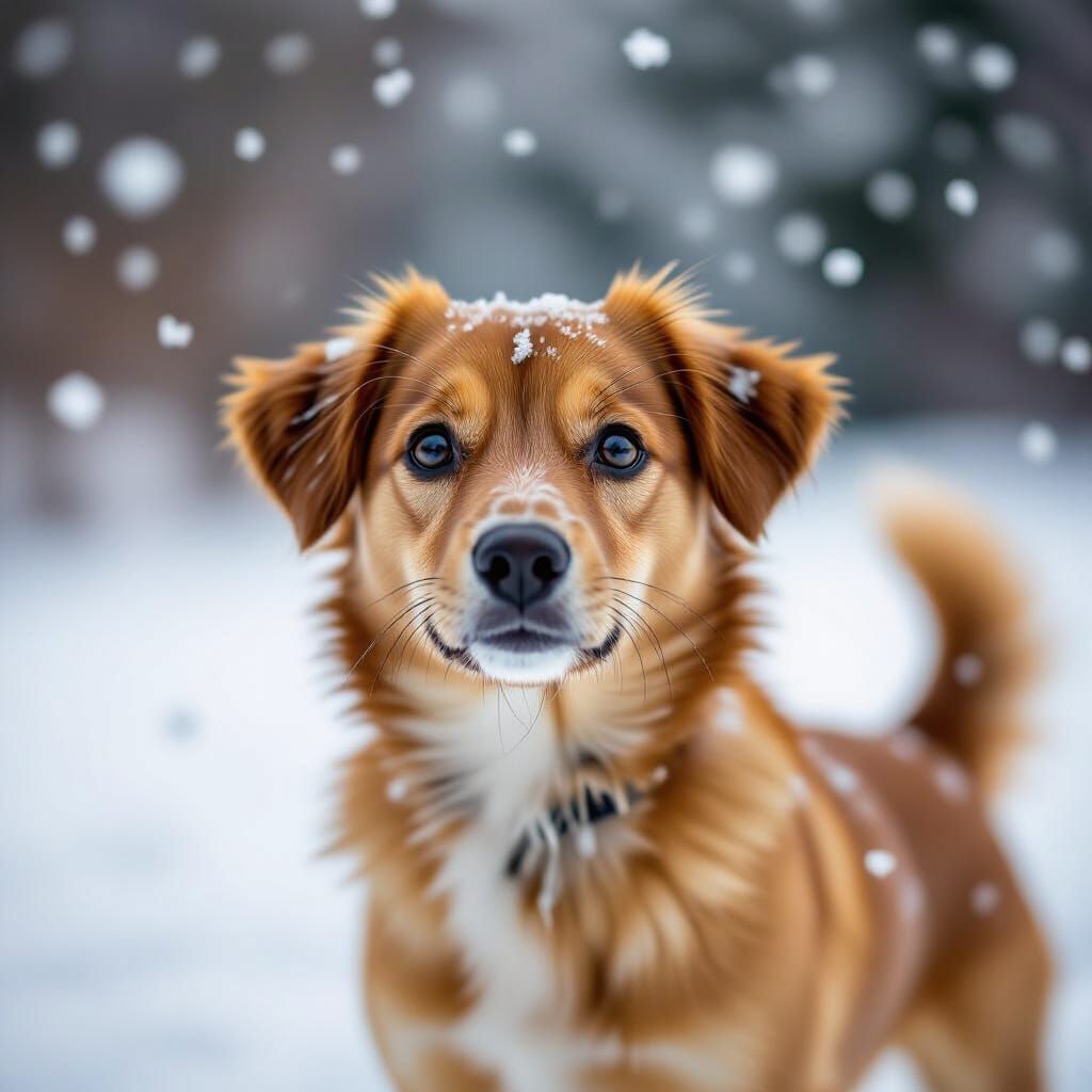 Small Brown Dog Gazes at Falling Snow