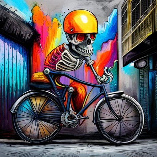 Skeleton on Bicycle: Colorful Graffiti Street Art