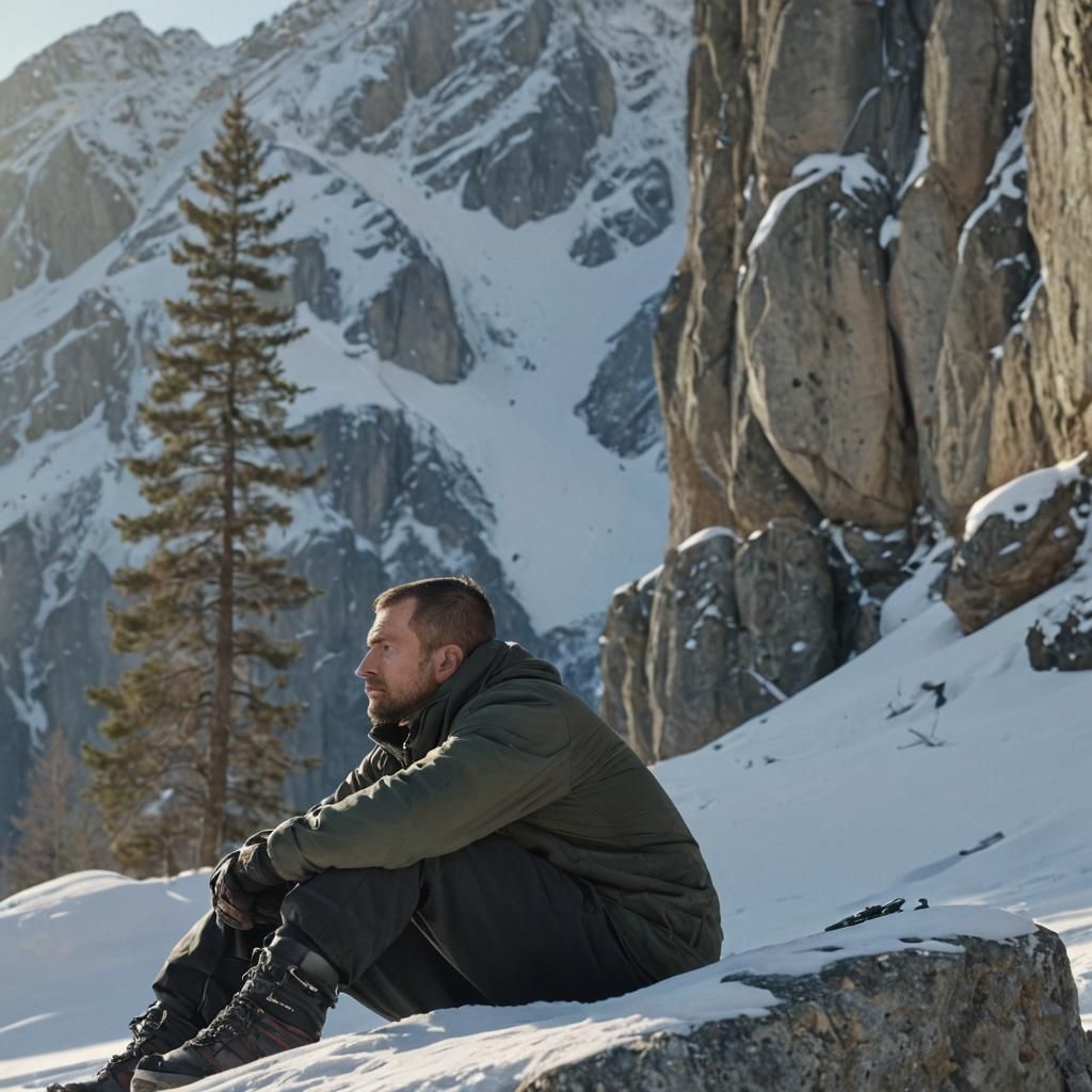 Pensive Man in Winter Mountain Landscape