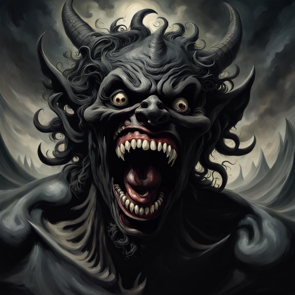 Terrifying Black Demon with Swirling Teeth, Horror Art