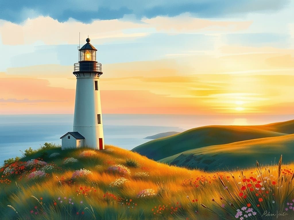 Watercolor Lighthouse Seascape with Wildflower Hills