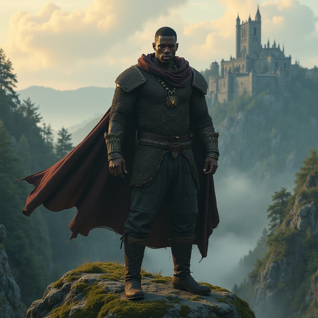 Heroic Medieval Warrior Stands Tall in Misty Forest