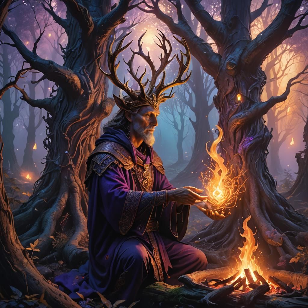 Mystical Being Whispering to Hearth in Fantasy Forest
