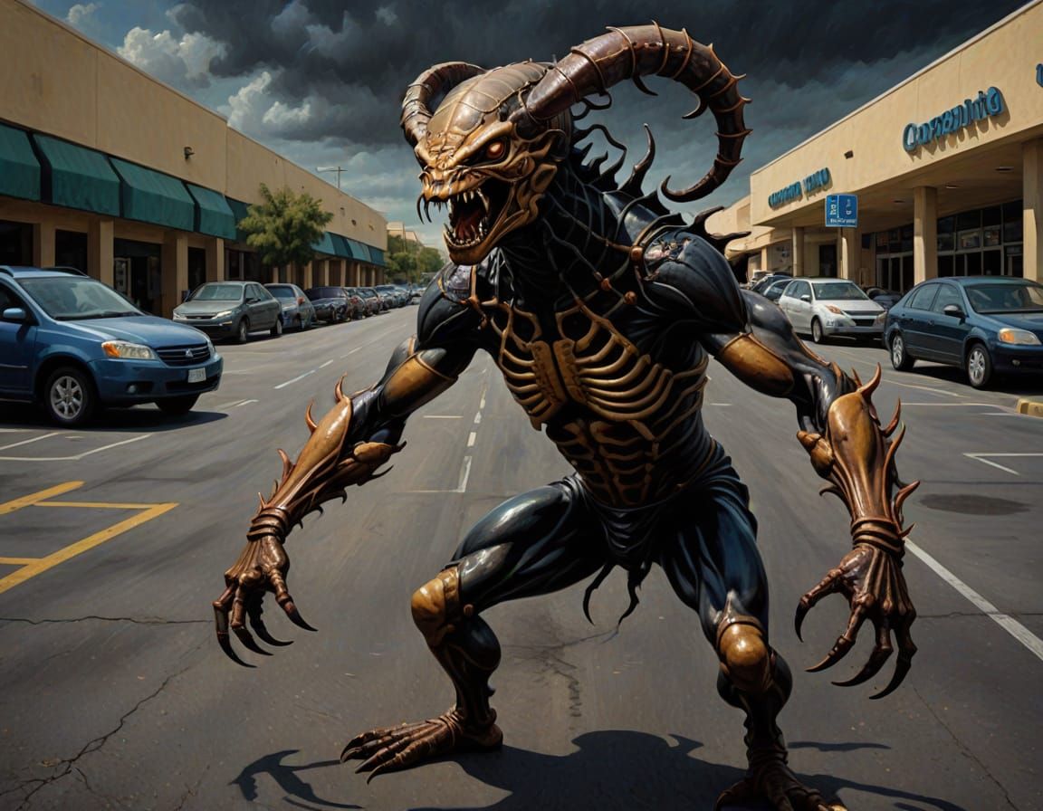 Grotesque Scorpion-Man in Mall Parking Lot, Surreal Oil Pain...