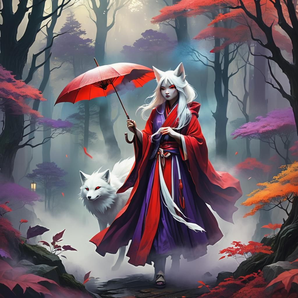 Mystical Kitsune in Misty Forest, Dark Fantasy Art