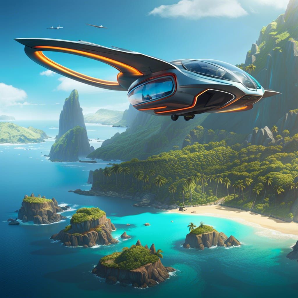 Flying Car Over Tropical Island Landscape