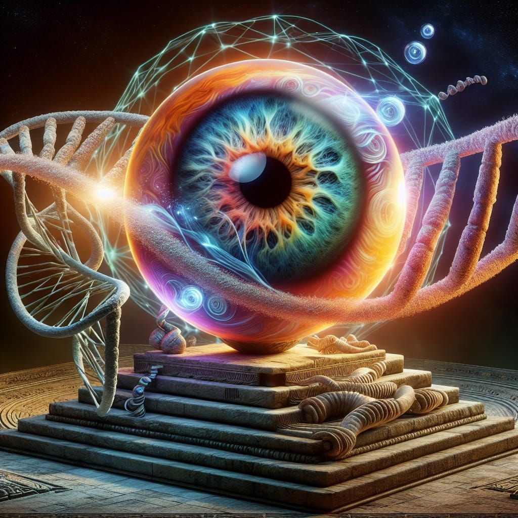 an orb with an eye, DNA strands, pyramid, combined together
