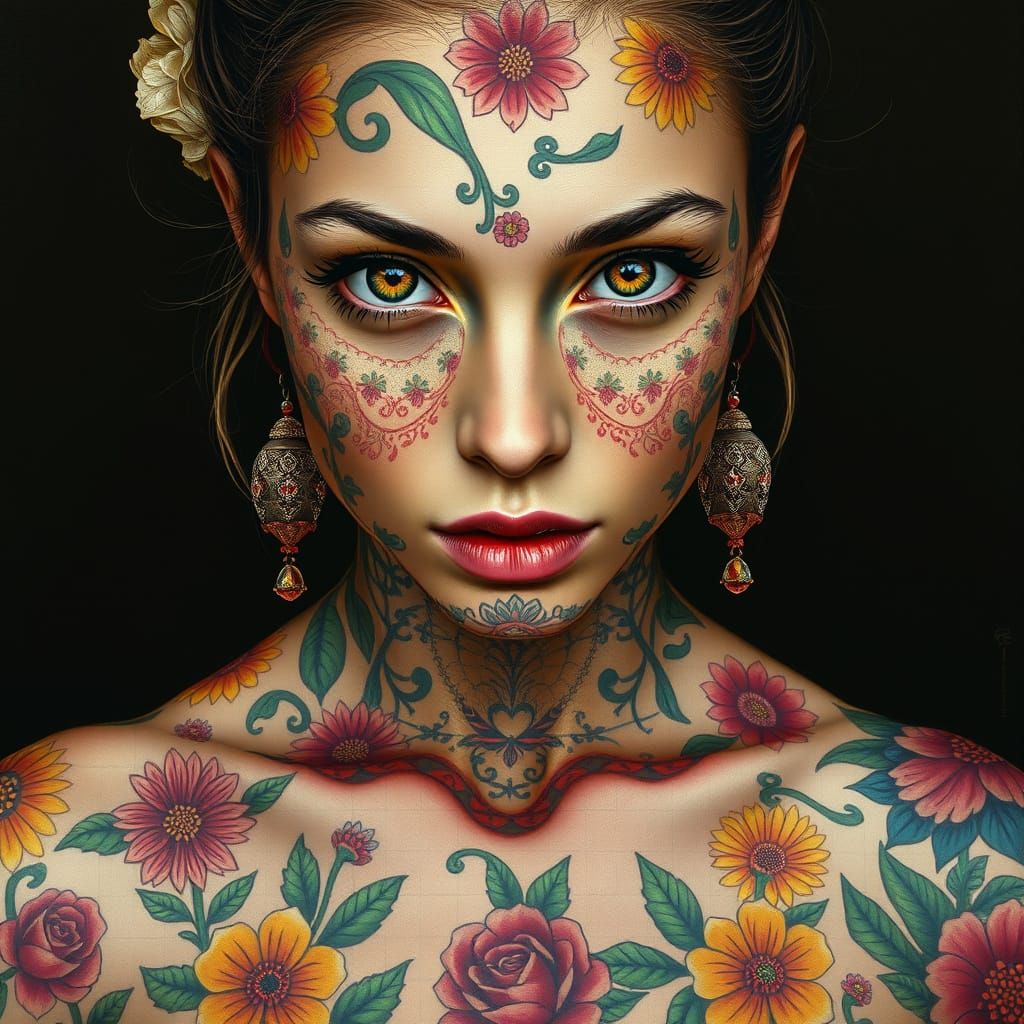 Hyperrealistic Portrait of a Woman with Vibrant Floral Tatto...