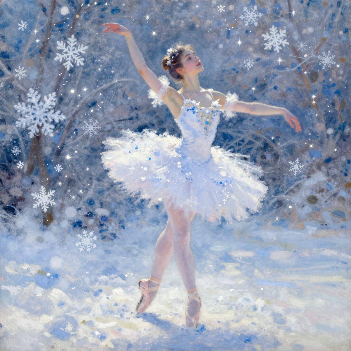 Ballerina Made of Snowflakes in Impressionist Oil Painting