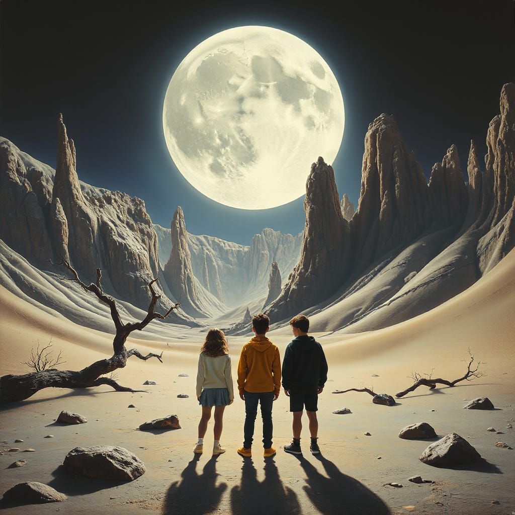 Teenagers in Surreal Valley Under Giant Full Moon