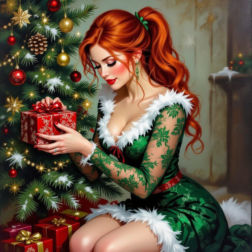 Festive Woman Shakes Present Under Christmas Tree in Oil Pai...