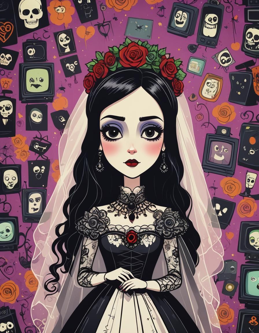 Goth Bride in Retro Cartoon Style