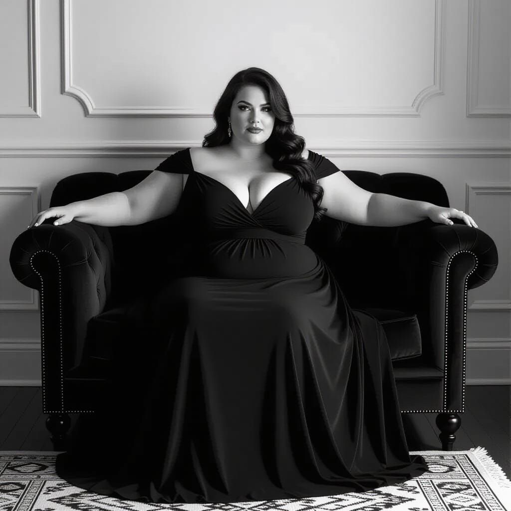 Voluptuous Woman in Black Dress: Hyper-Realistic Portrait