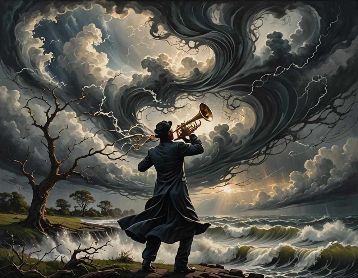 A dramatic portrait of a person playing a trumpet blowing powerful gusts of wind across the landscape. The wind is depic...