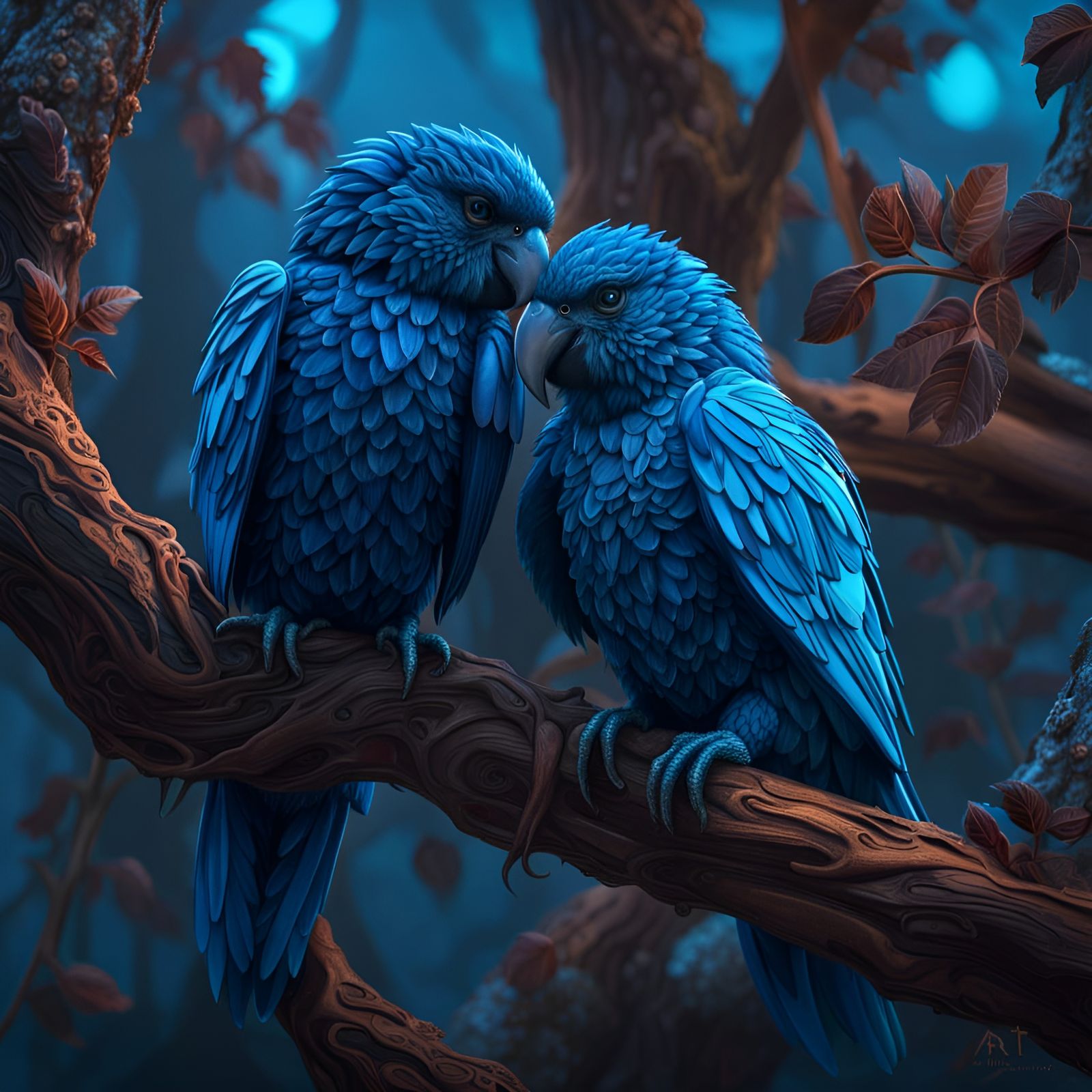 Blue Lovebirds on Branch: Detailed Matte Painting