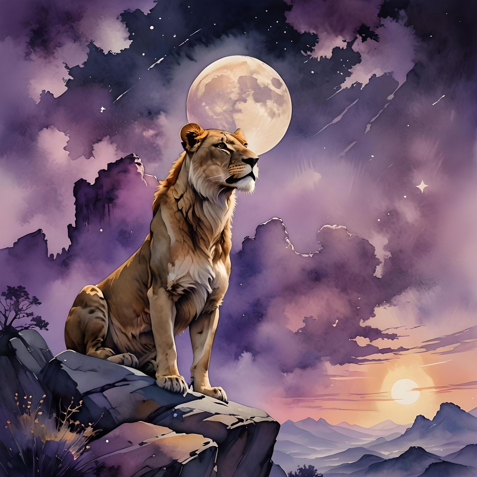 Lioness Dreamscape: Watercolor and Ink Fantasy Art