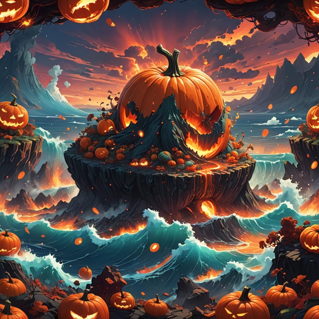 Vibrant Anime Volcano Erupting Inside Giant Pumpkin