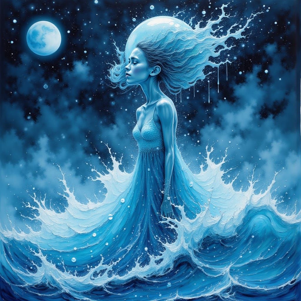 Bioluminescent Water Woman in Stormy Starry Night