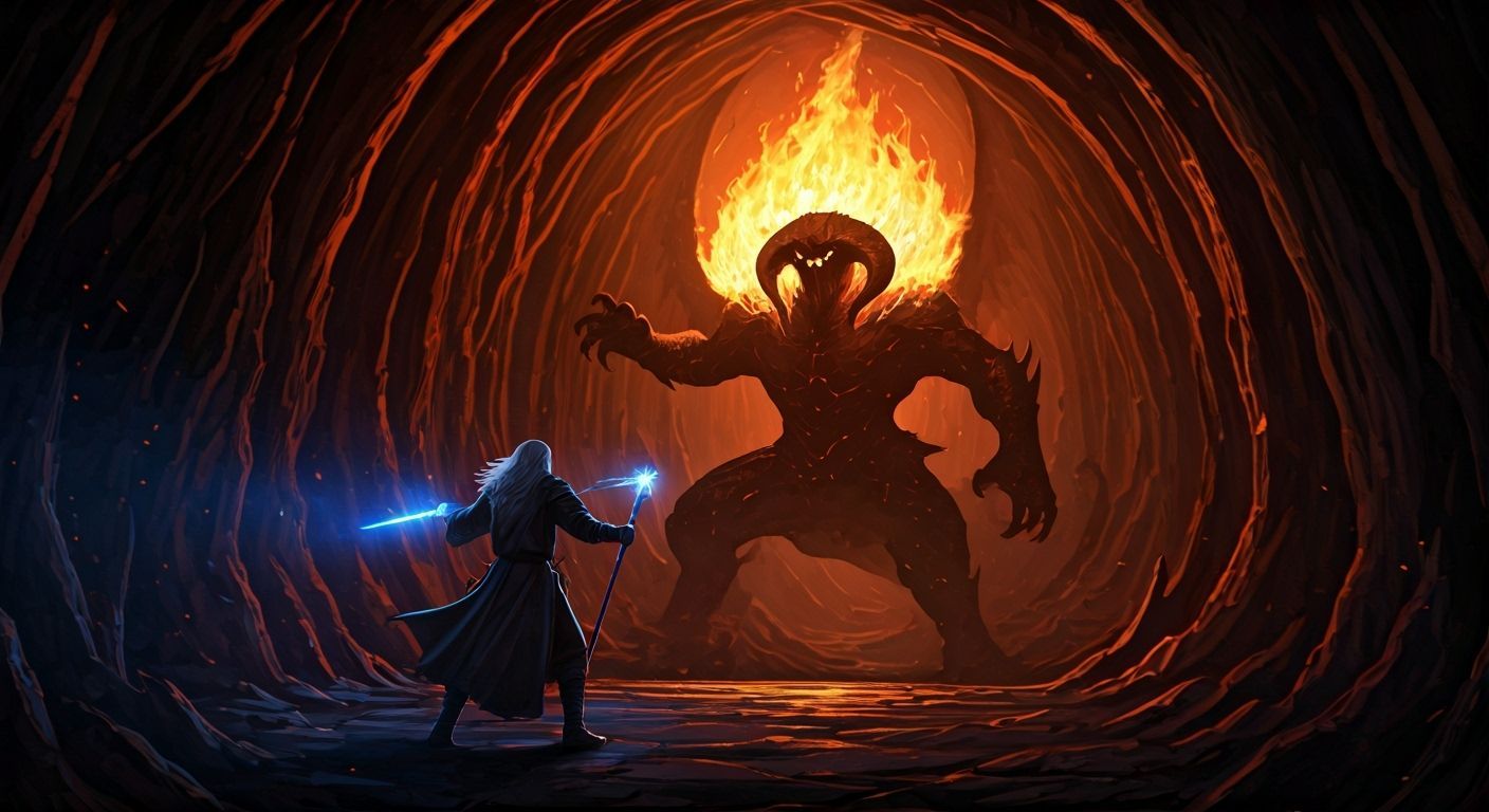 Gandalf Battles Balrog in Fiery Mines of Moria