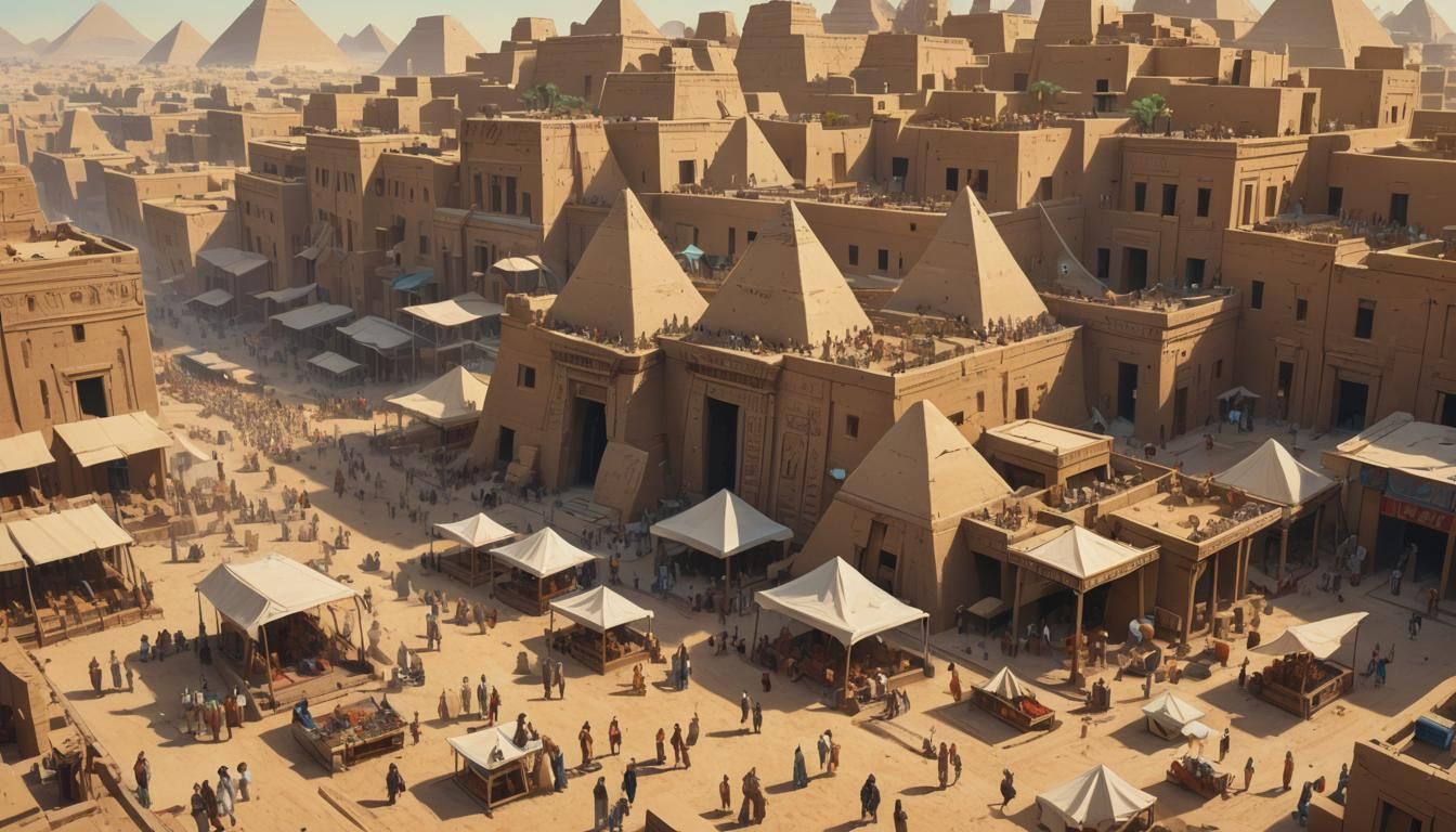Vibrant Ancient Egyptian Cityscape with Golden Temples