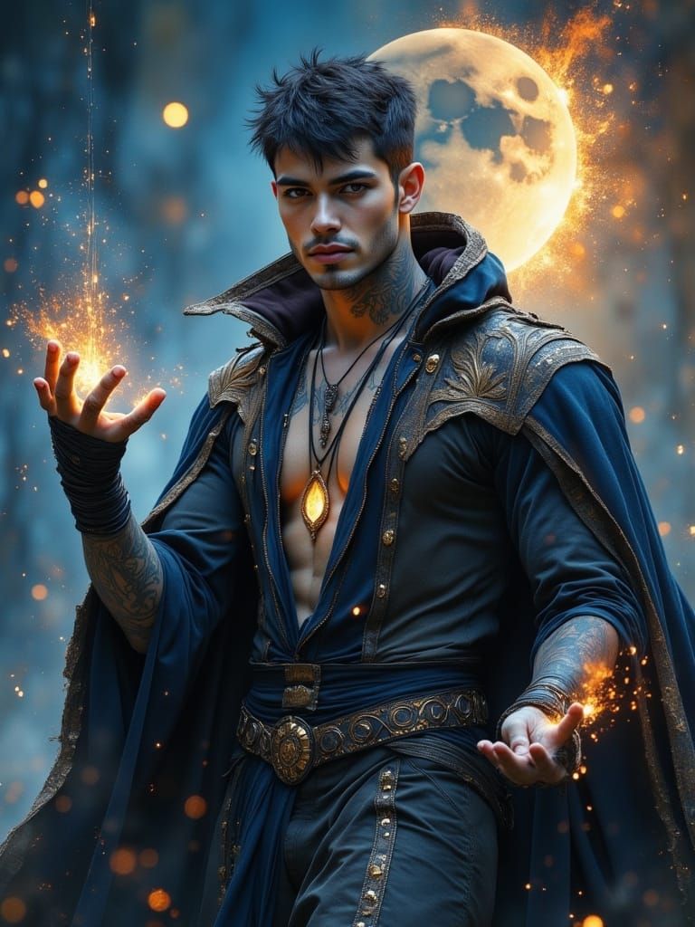 Warlock Conjuring Spell Under Crescent Moon