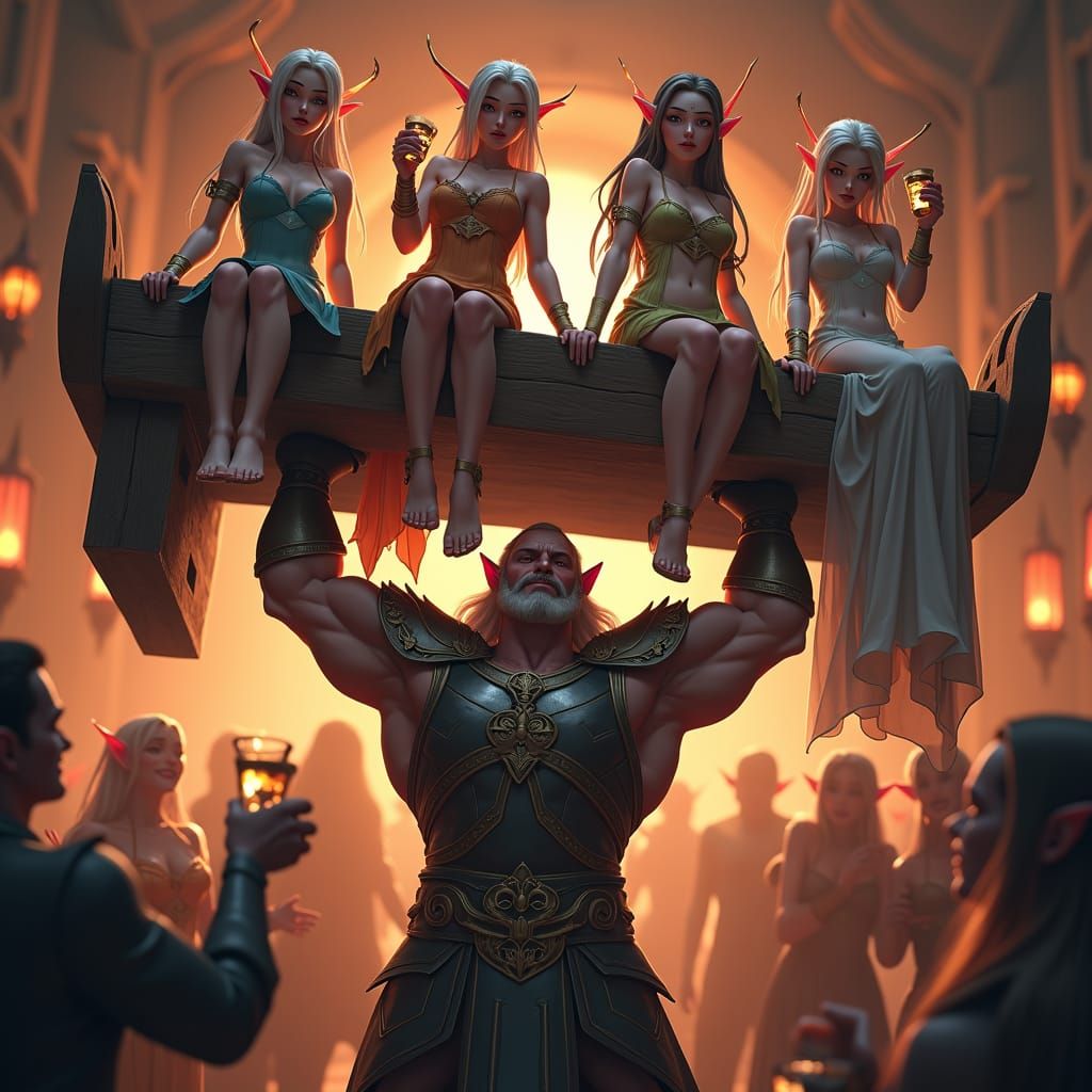 Elven Strongman in Anime Tavern Scene