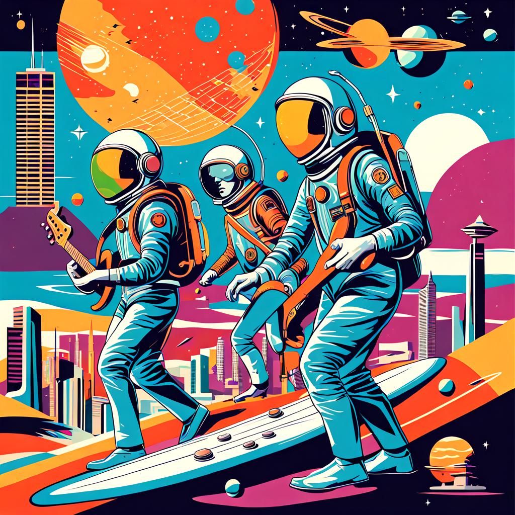 Retro Sci-Fi Band Performing in Space, Pop Art