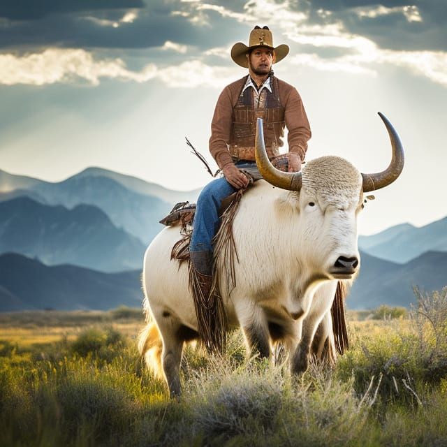 Cowboy Rides White Buffalo on the Prairie
