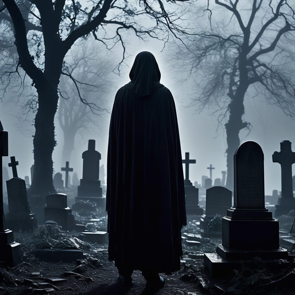 Mysterious Figure Wanders Through a Fog-Shrouded Cemetery at...
