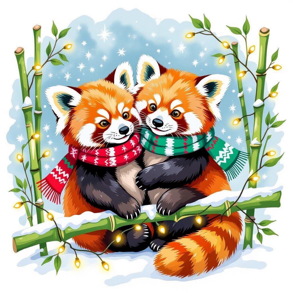 Red Pandas Cuddling in Winter Wonderland, Watercolor Style