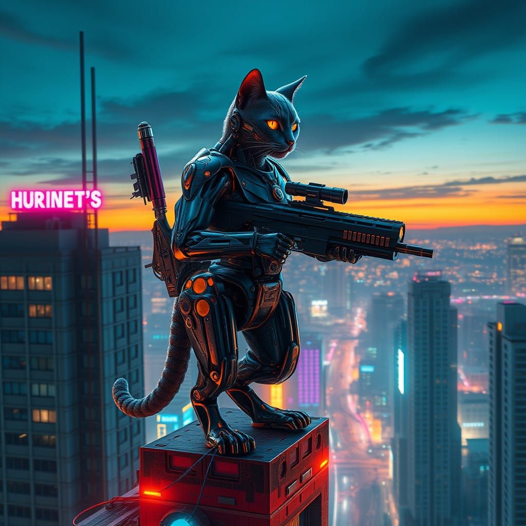 Techno Feline Warrior in Neon-Lit Cyberpunk Skyscraper