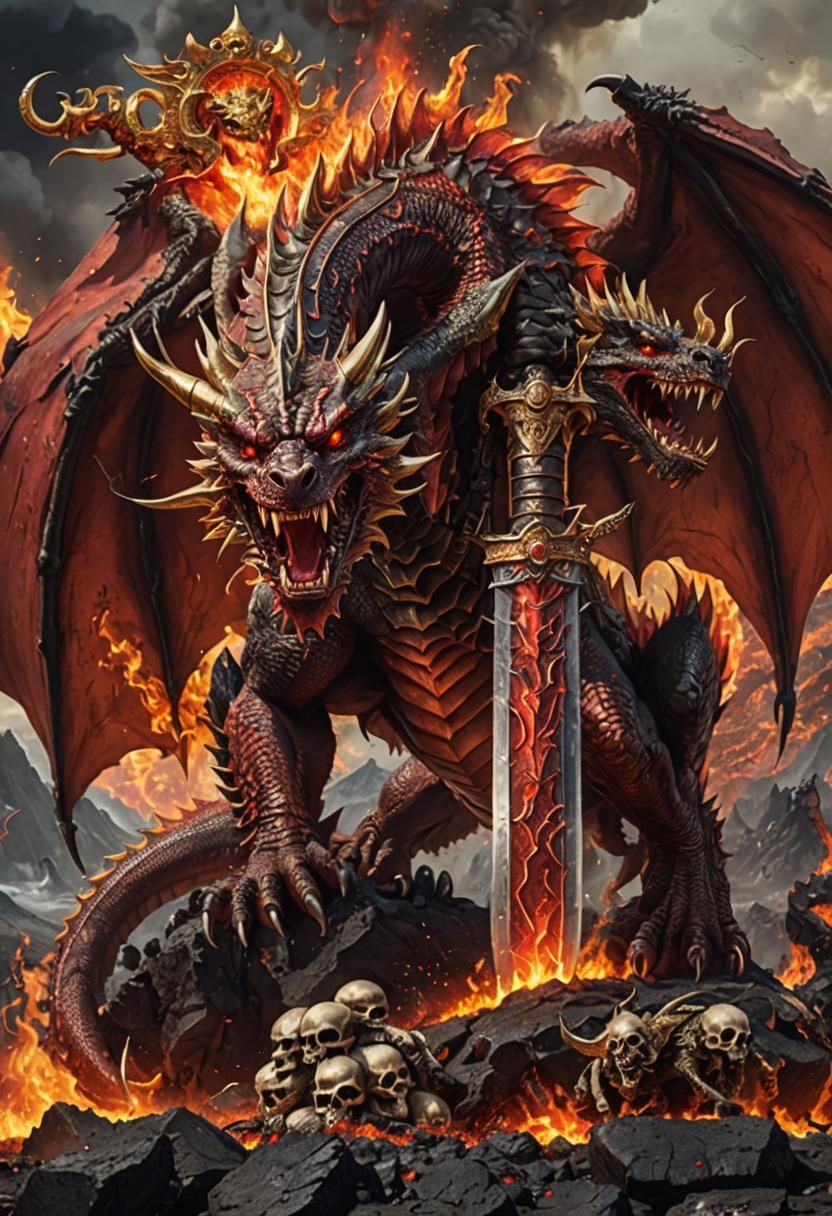 Red Dragon with Flaming Sword Volcano Lair