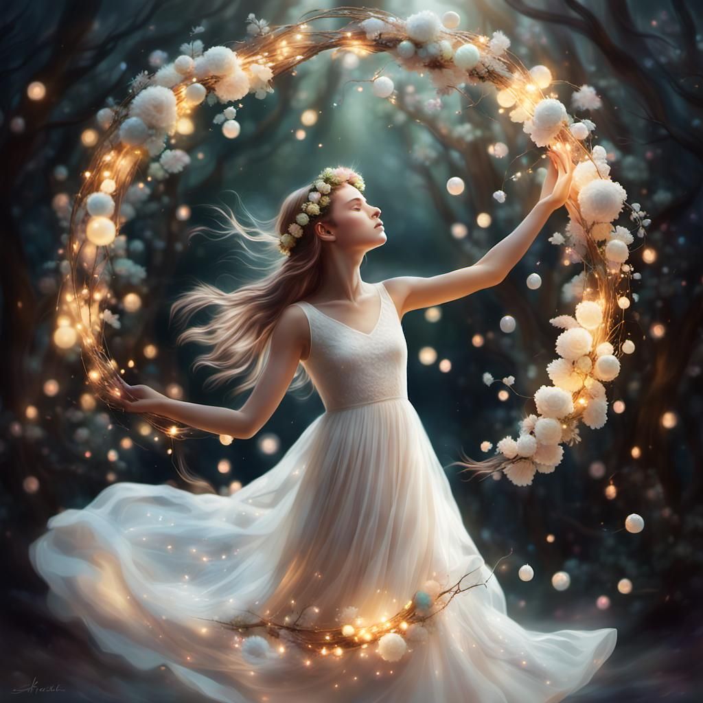 Ethereal Girl Surrounded by Glowing Orbs: Fantasy Art