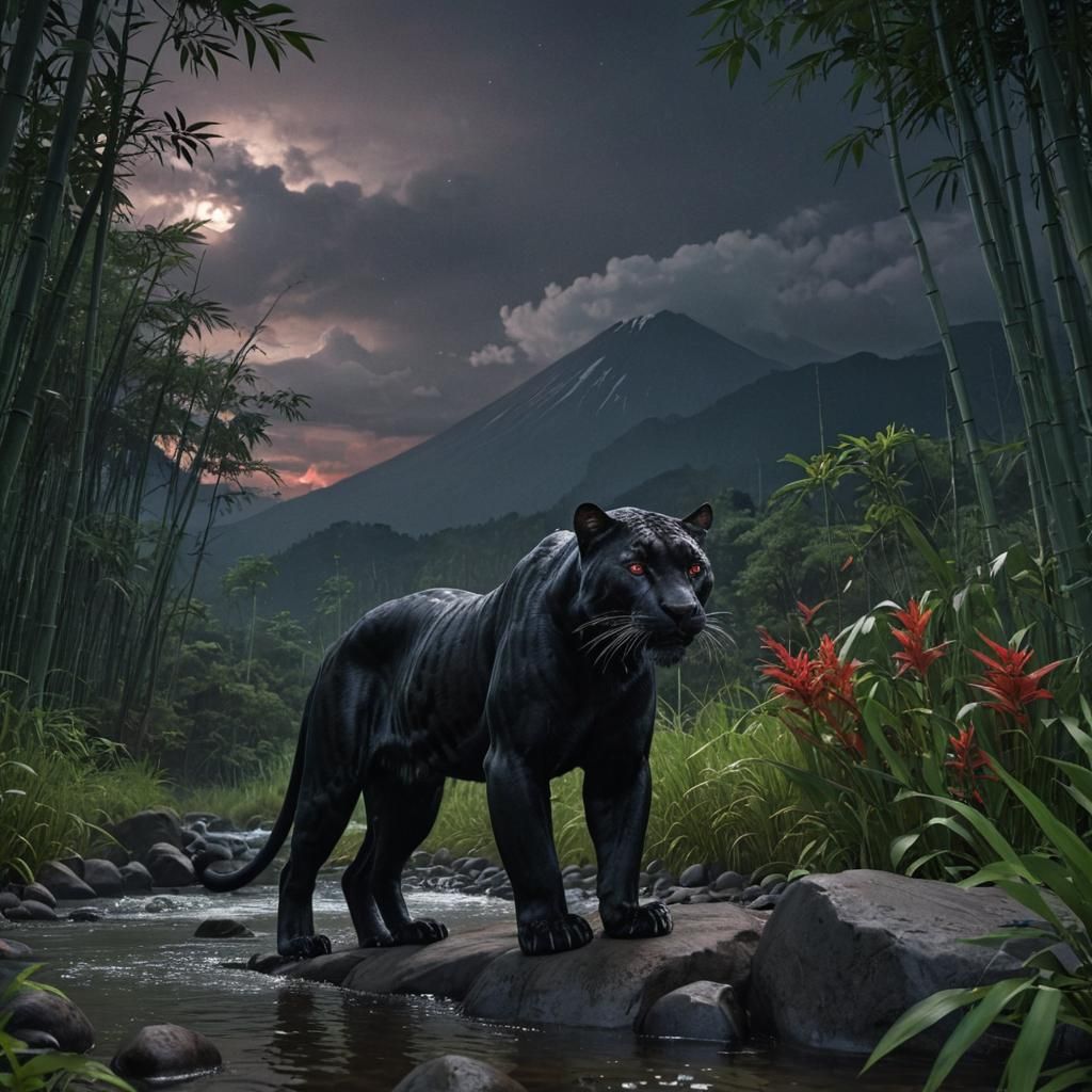 Panther in Bamboo Forest with Mt. Fuji at Night