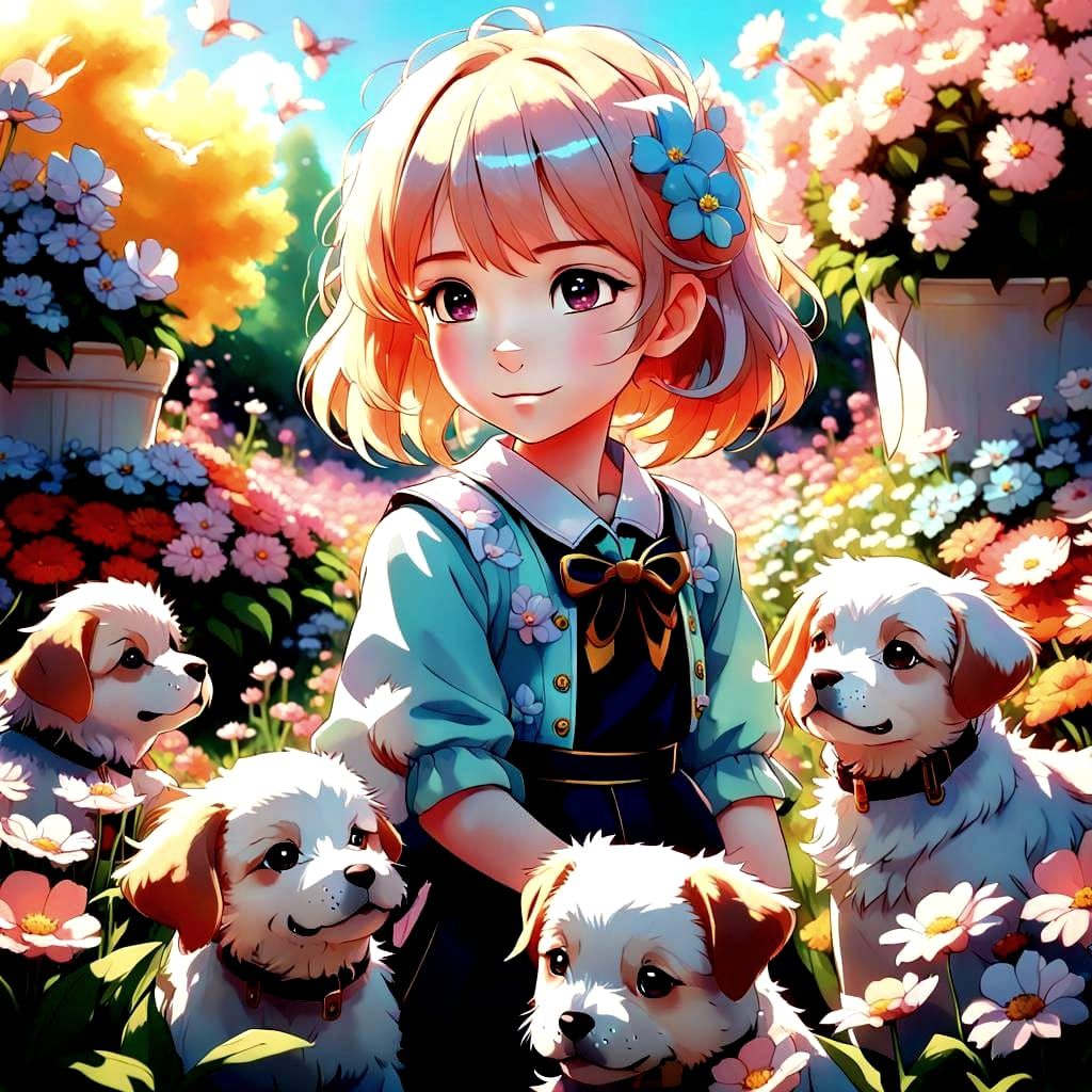 Colorful Flower Garden with Children and Puppies in Anime St...