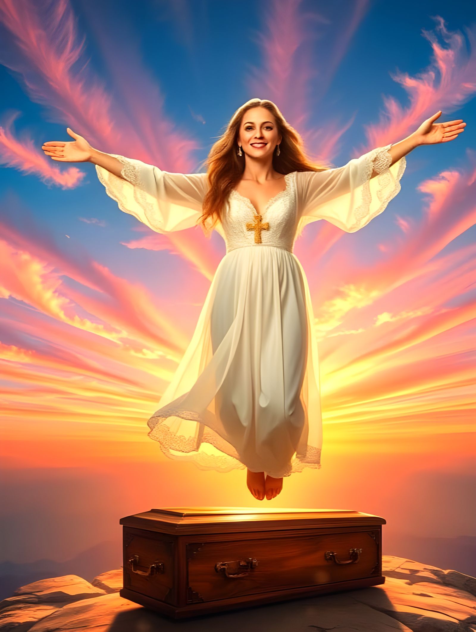 Angel Ascending into Dawn with Golden Hair and Cross Pendant