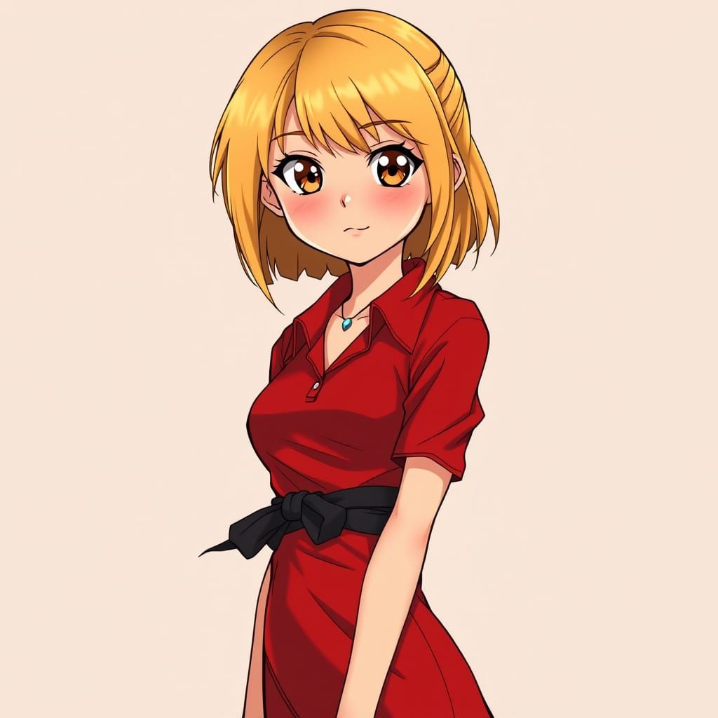 Manga-Inspired Teen Girl in Red Dress with Black Sash