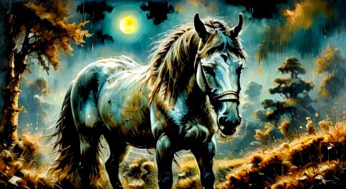 Fantasy Prince and Horse in Moonlit Forest Oil Painting