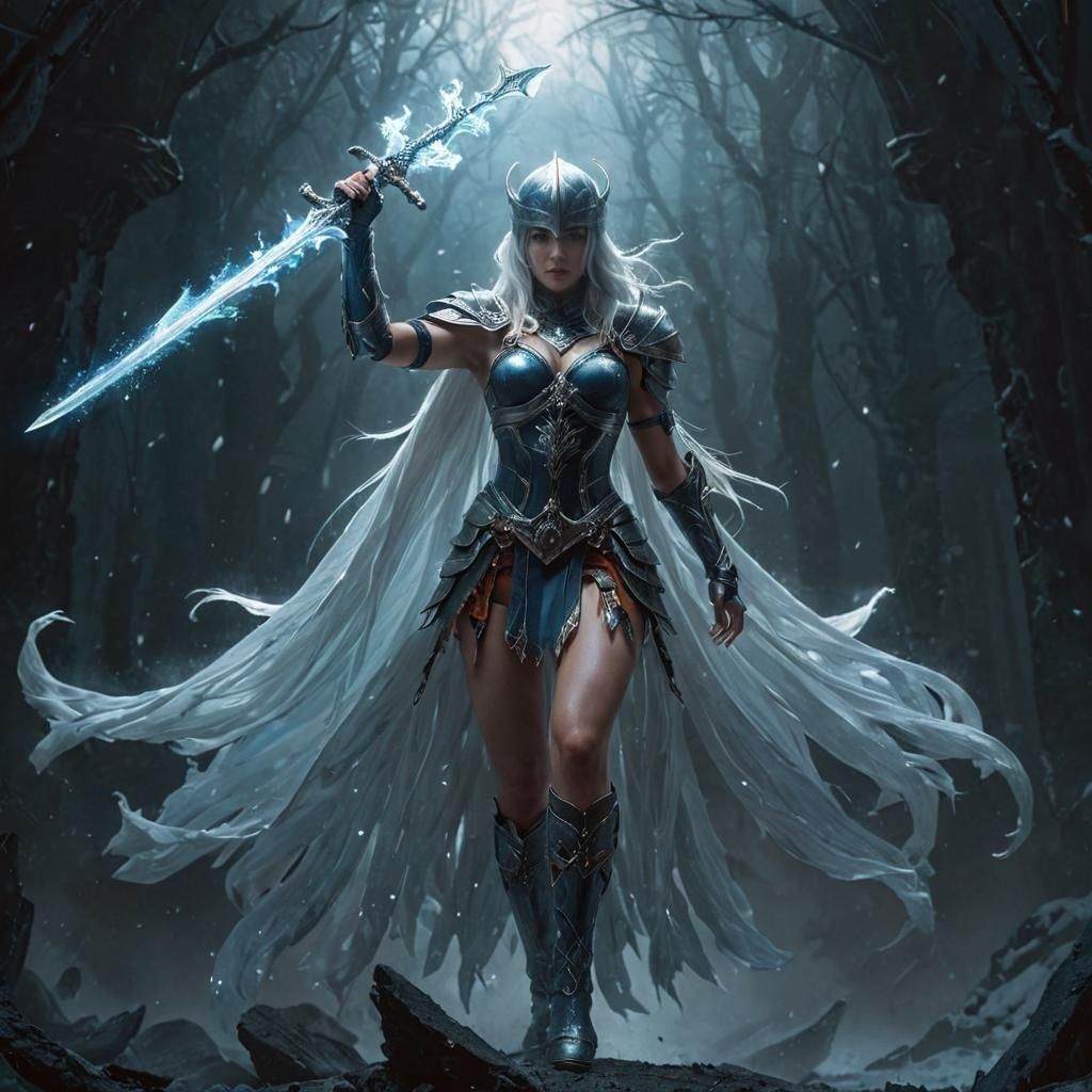 Icy Helmet Woman with Swords: Dark Fantasy Art
