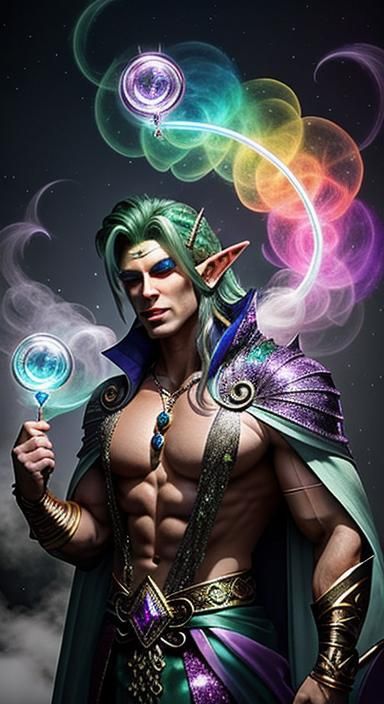 Magical Ancient Elf Sorcerer Dressed In Rainbow Crystals Conjures Spells.