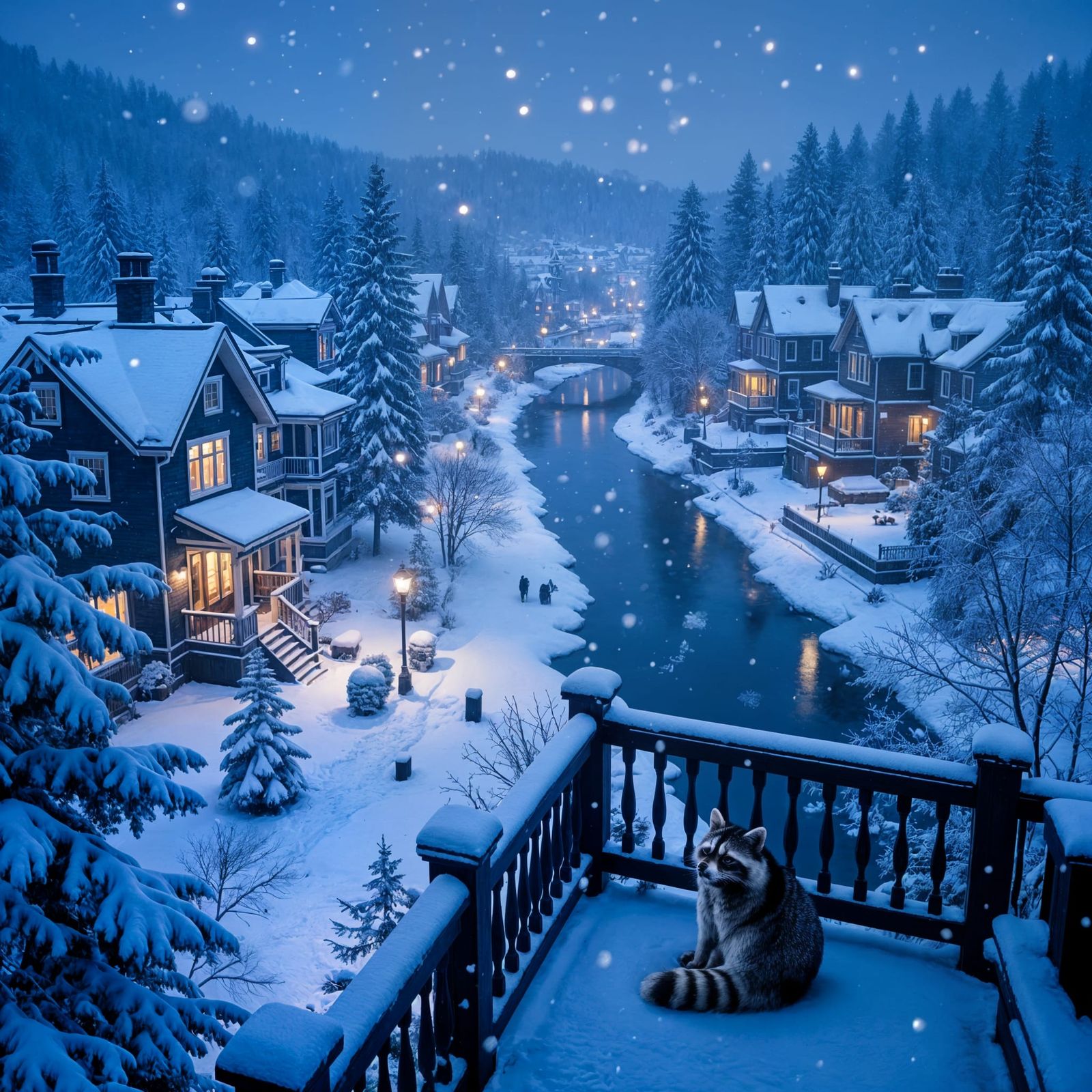 Realistic Night Scene of a Snowy River and Forest