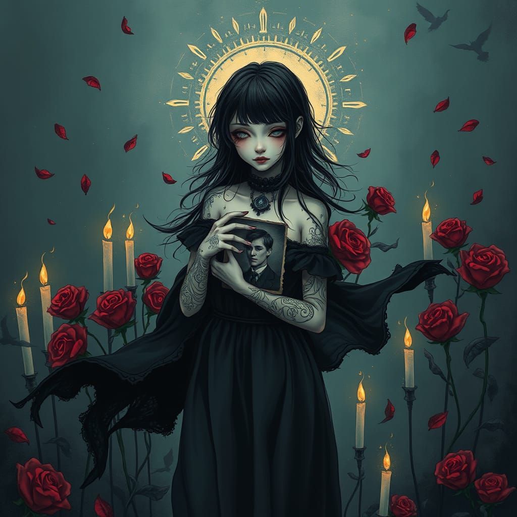 Ethereal Goth Emo Girl Amidst Ashes and Fading Memories