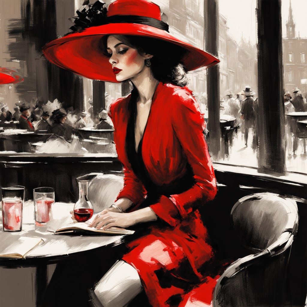 Elegant Woman in Red Satin, Reading in a Street Café