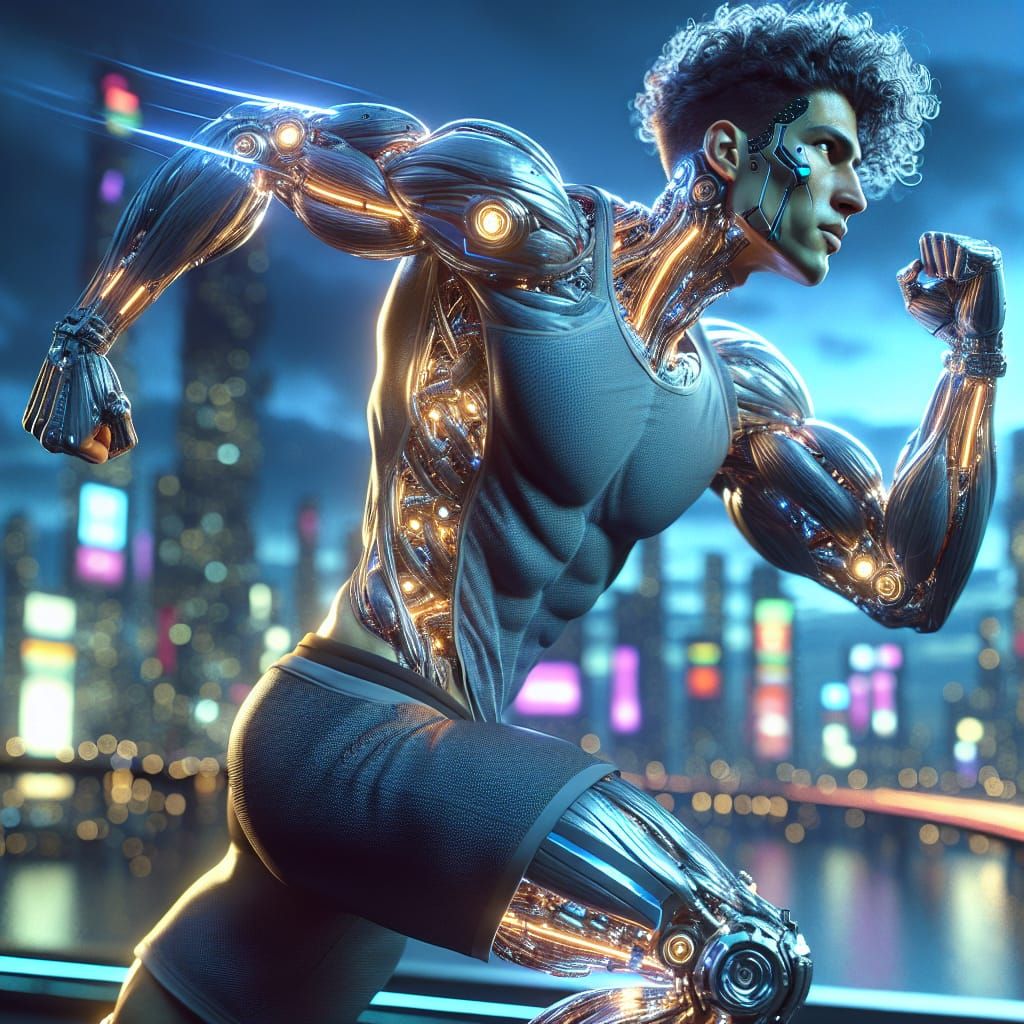Realistic Cybernetic Man in Neon City, Fantasy Concept Art