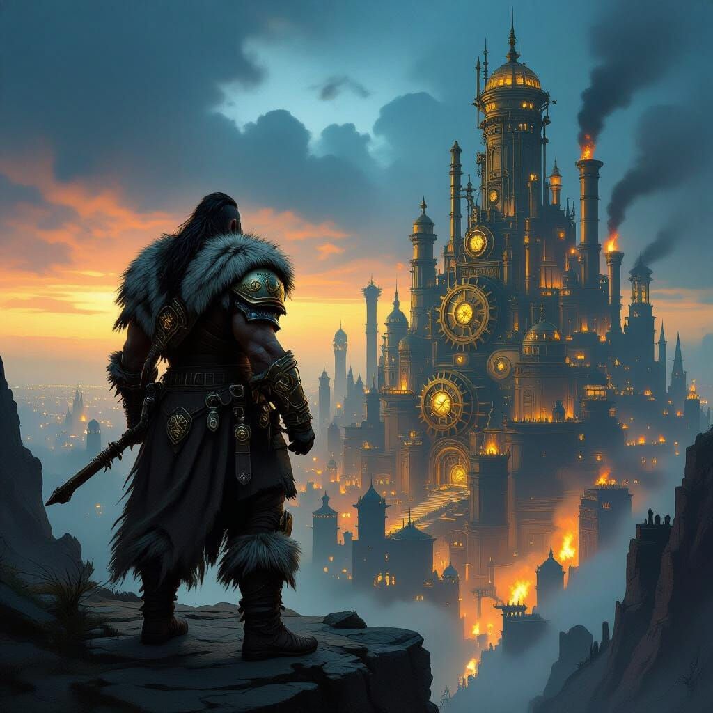 Barbarian Warrior Overlooking Steampunk Metropolis in Dark F...