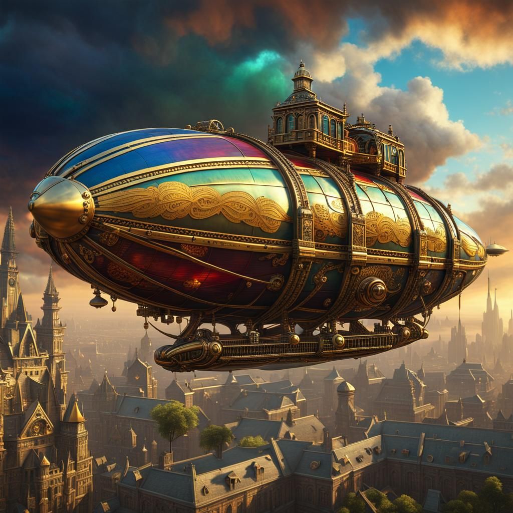 Steampunk Zeppelin Over Cyberpunk Gothic City